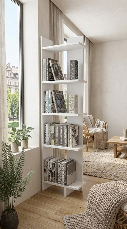 Modern 5-Tier White Bookshelf – Freestanding Narrow Display Storage Shelf for Books, Décor & Home Office  Description