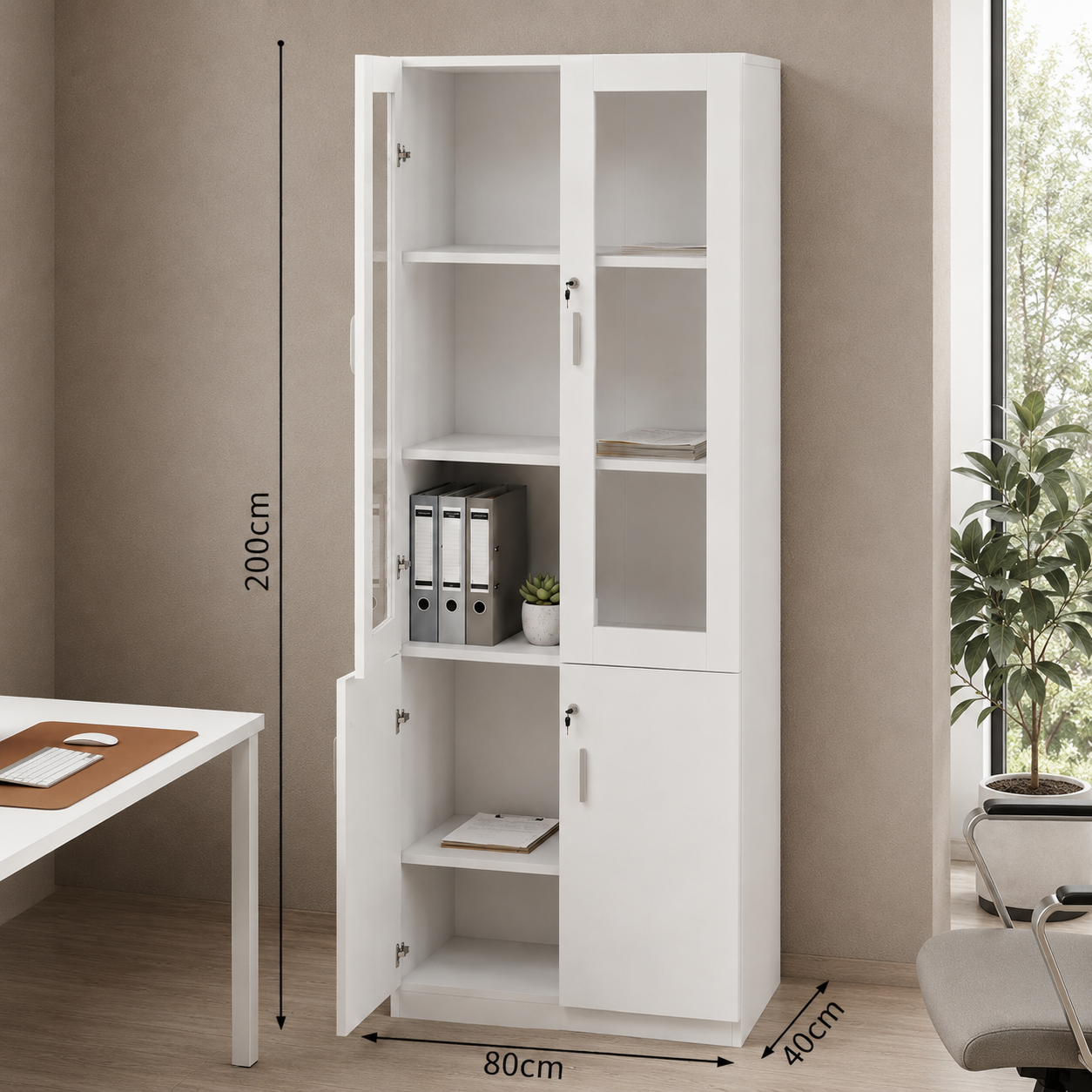 MAHMAYI OFFICE FURNITURE Melamine On Mdf Glass 1123 Full Height Bookshelf Bold And Contemporary Wooden Bookshelf With Lockable Glass Doors - W80cms X D40cms X H200cms (White) Me1123Wh