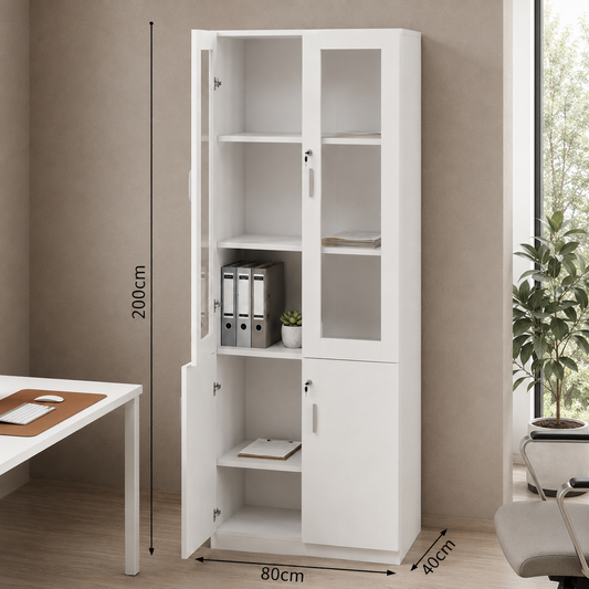 MAHMAYI OFFICE FURNITURE Melamine On Mdf Glass 1123 Full Height Bookshelf Bold And Contemporary Wooden Bookshelf With Lockable Glass Doors - W80cms X D40cms X H200cms (White) Me1123Wh