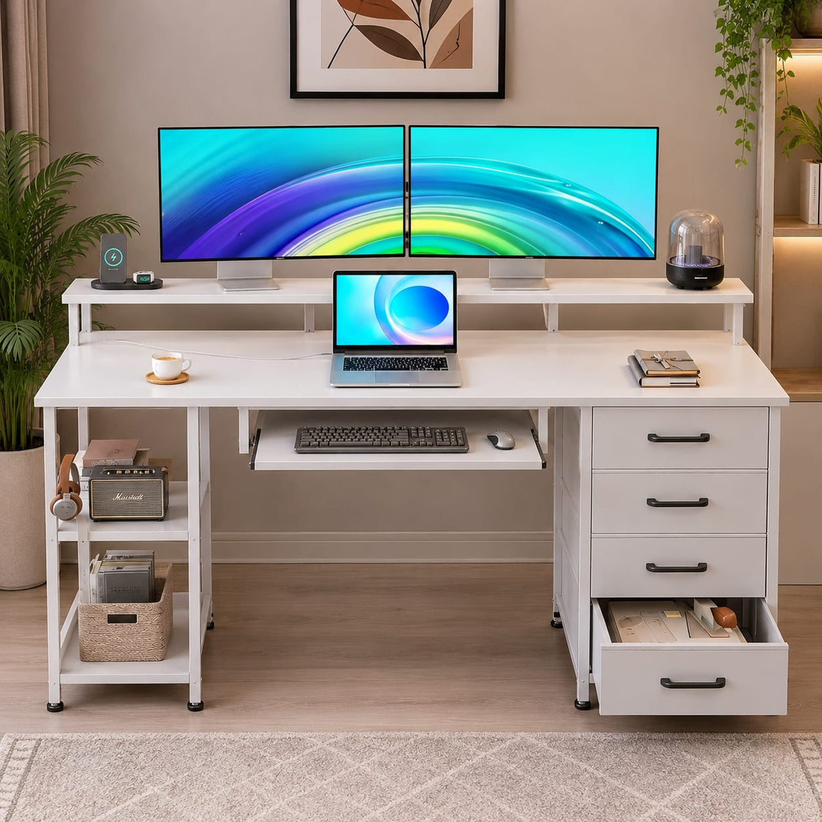 Modern White Computer Desk with Storage Drawers & Multi-Tier Shelving