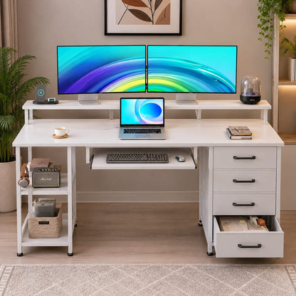 Modern White Computer Desk with Storage Drawers & Multi-Tier Shelving