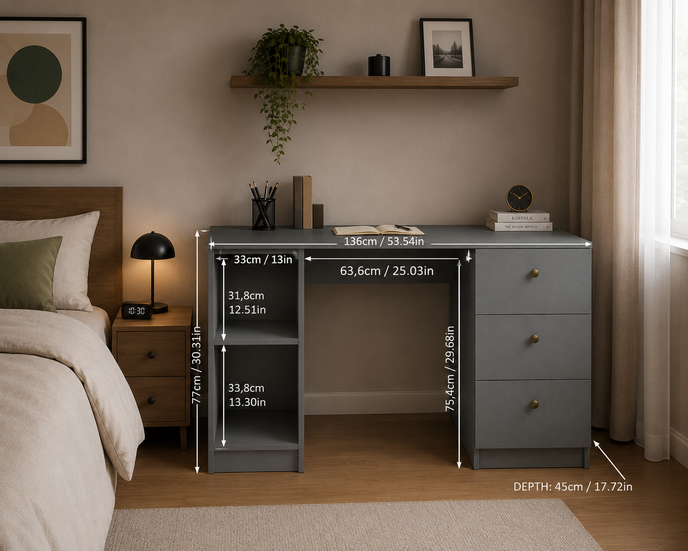 Madesa Modern 53 inch Computer Writing Desk with Drawers and Door, Executive Desk, Wood PC Table, Grey