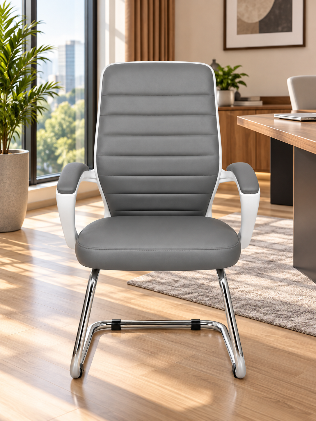 Modern Ergonomic Leather Office Chair with Fixed White Frame and Casters
