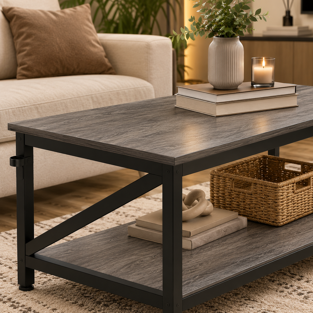 Modern Industrial Coffee Table with Lower Shelf
