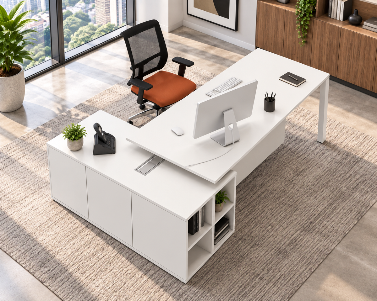 Modern L-Shaped Executive Office Desk with Integrated Storage