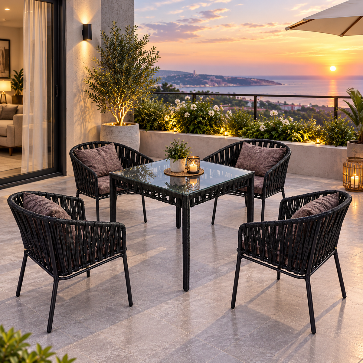 Modern Outdoor Woven Patio Dining Set with Glass Table