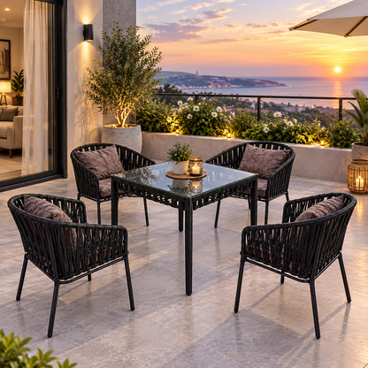 Modern Outdoor Woven Patio Dining Set with Glass Table