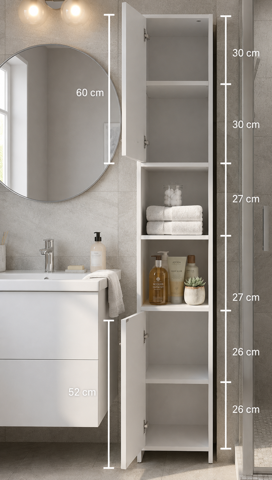 Deuba® Tall Bathroom Cupboard w/Shelves | 6 Compartments 2 Doors | Magnetic Lock | Narrow High Wooden Standing Storage Cabinet Unit | Tallboy | 180 x 30 x 30cm | White