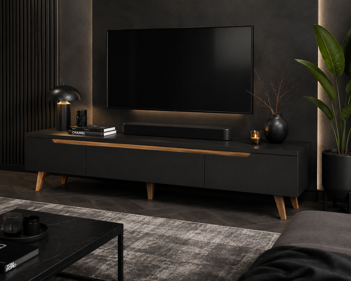 Minimalist Black TV Unit with Wooden Trim