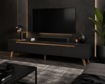 Minimalist Black TV Unit with Wooden Trim