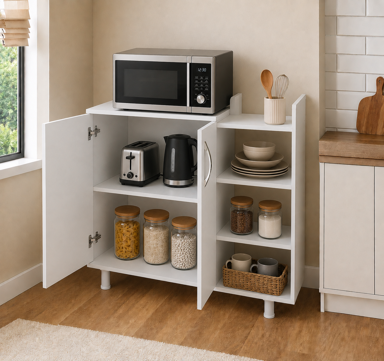 Modern Kitchen Storage Cabinet with Open Shelves – Microwave Stand & Pantry Organizer, White