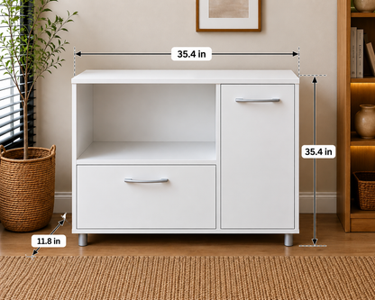 Modern White Storage Cabinet with Drawer & Open Shelf