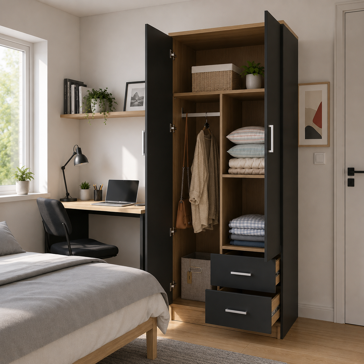 Drawer Wardrobe with Shelf and Hanging Rail Wooden Clothes Storage