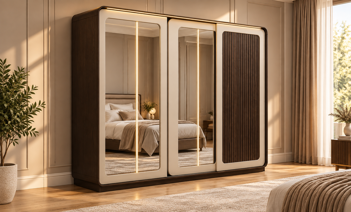 Modern Luxury Wardrobe with Full-Length Mirrors & LED Lighting