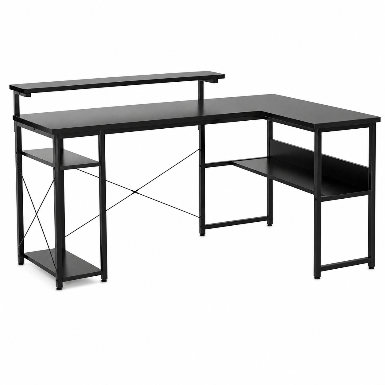 L-Shaped Computer Desk with Storage Shelves and Monitor Stand