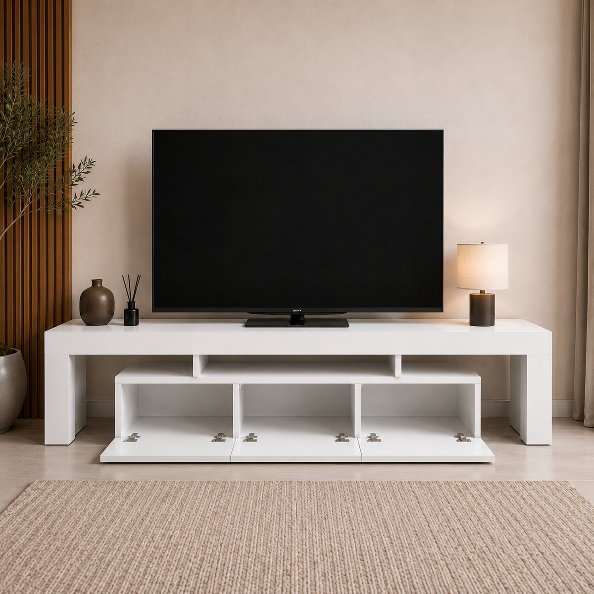 Modern White TV Unit with Open Storage & Drawers