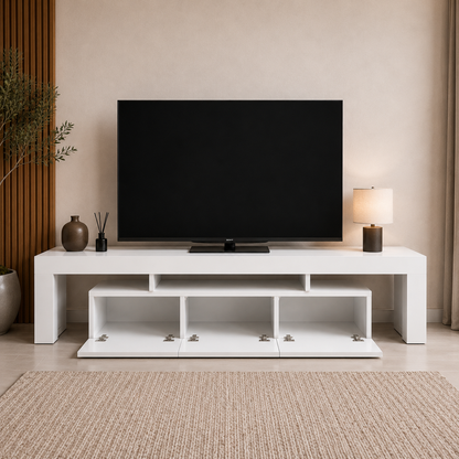Modern White TV Unit with Open Storage & Drawers