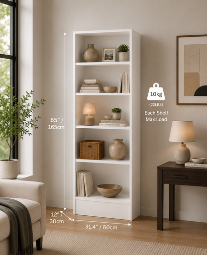 SPACE Book Shelf - 5 Tier Engineered Wood DIY Multipurpose Book Shelf (White - L 80 x B 32 x H 165 cm)