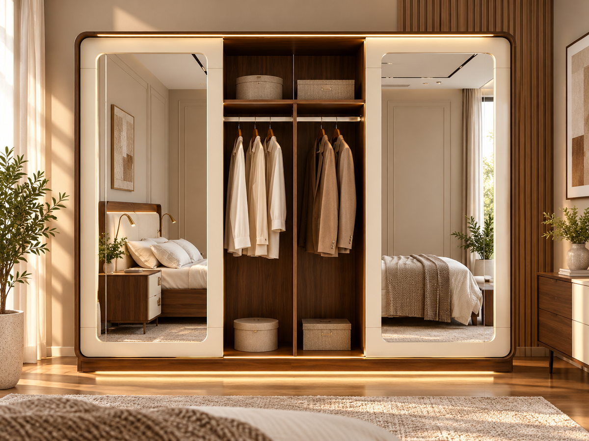 Modern Luxury Wardrobe with Full-Length Mirrors & LED Lighting
