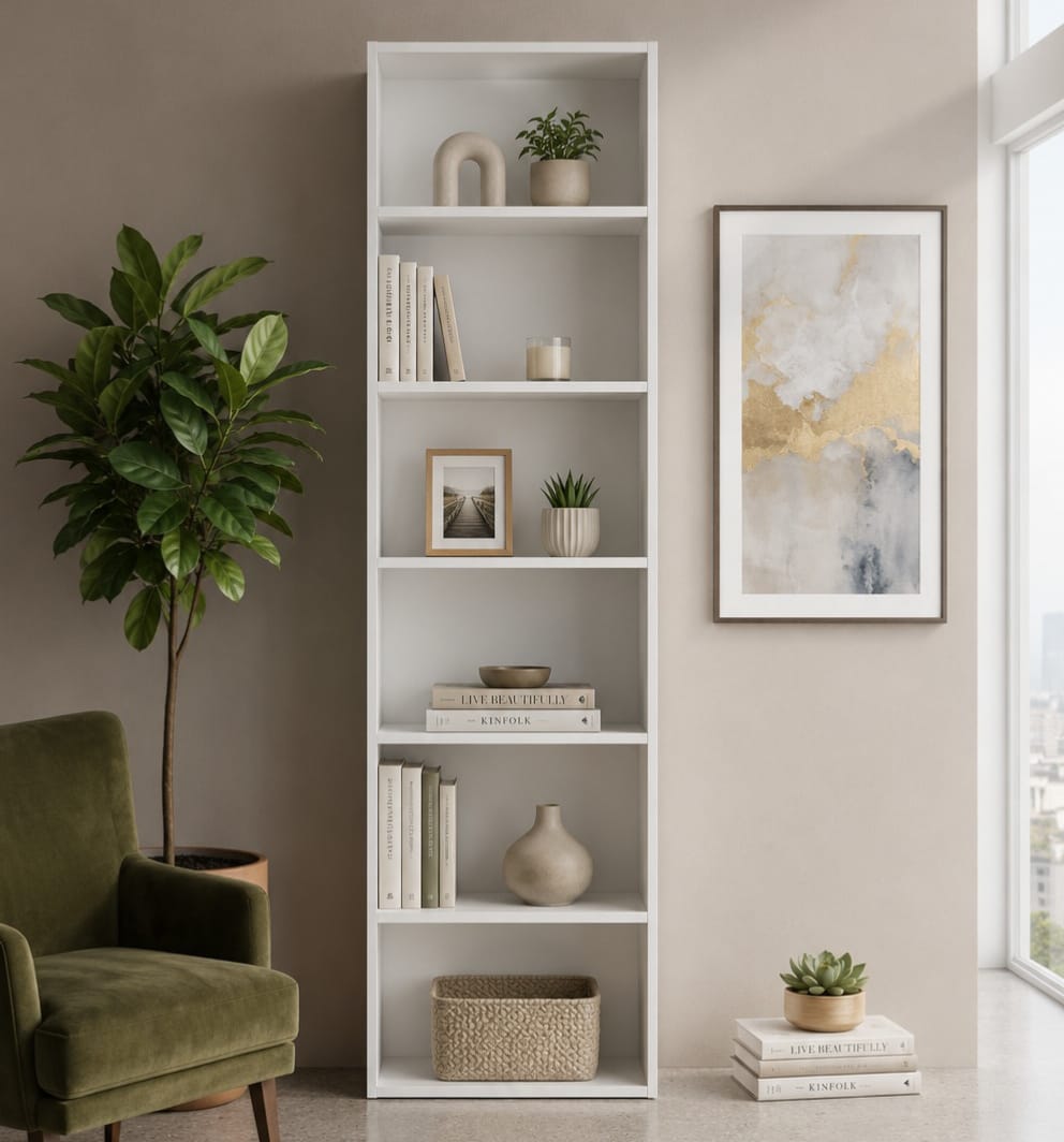 Wooden Bookcase with 6 Compartments, Wooden Storage Shelf for Living Room and Study, 180cm x 60cm x 23.5cm (White)