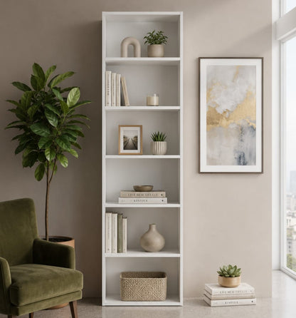 Wooden Bookcase with 6 Compartments, Wooden Storage Shelf for Living Room and Study, 180cm x 60cm x 23.5cm (White)