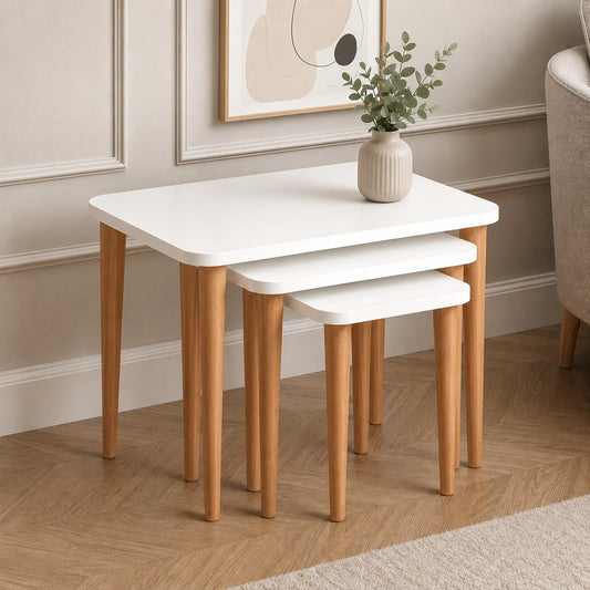 Modern 3-Piece Nesting Coffee Table Set – White Top with Wooden Legs for Living Room