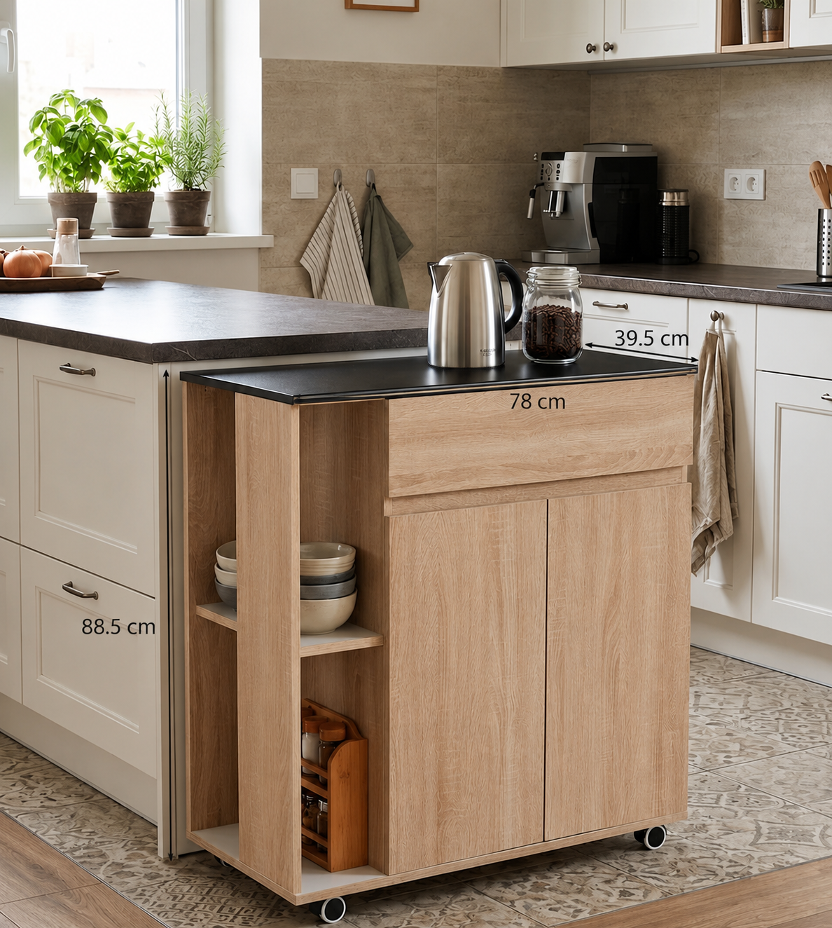 HOMCOM Kitchen Storage Trolley Cart Cupboard Rolling Island Shelves Cabinet With Door and Drawer Locking Wheels
