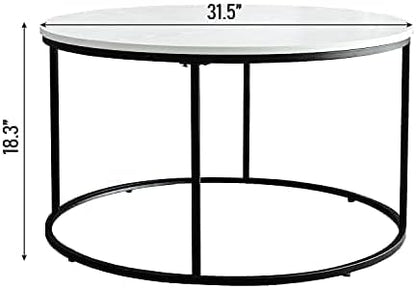 White Round Coffee Table for Living Room, Bedroom and Office, Modern Cocktail Table, Accent Side Sofa Table with Wooden Top & Metal Frame, Sturdy and Stylish, 31.5 Inch
