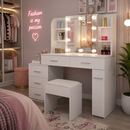Modern White Vanity Dressing Table with LED Mirror & Storage Drawers