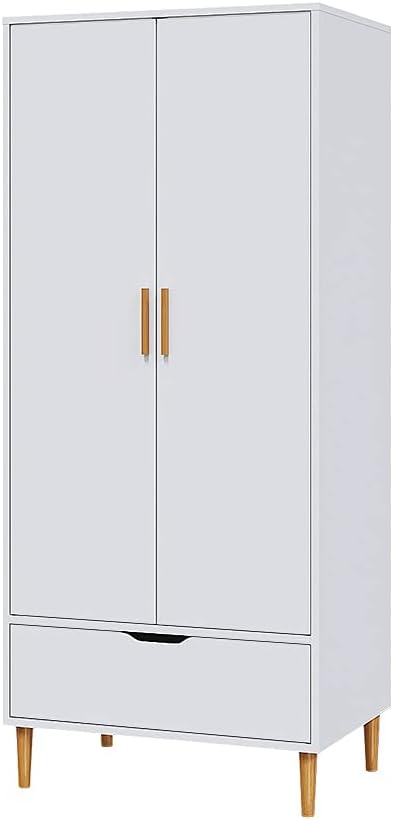 Panana Modern 2 Door Wardrobe Clothes Closet with Wood Leg Wooden Clothes Cabinet Furniture Unit with Hanging Rail Storage Drawer Bedroom White