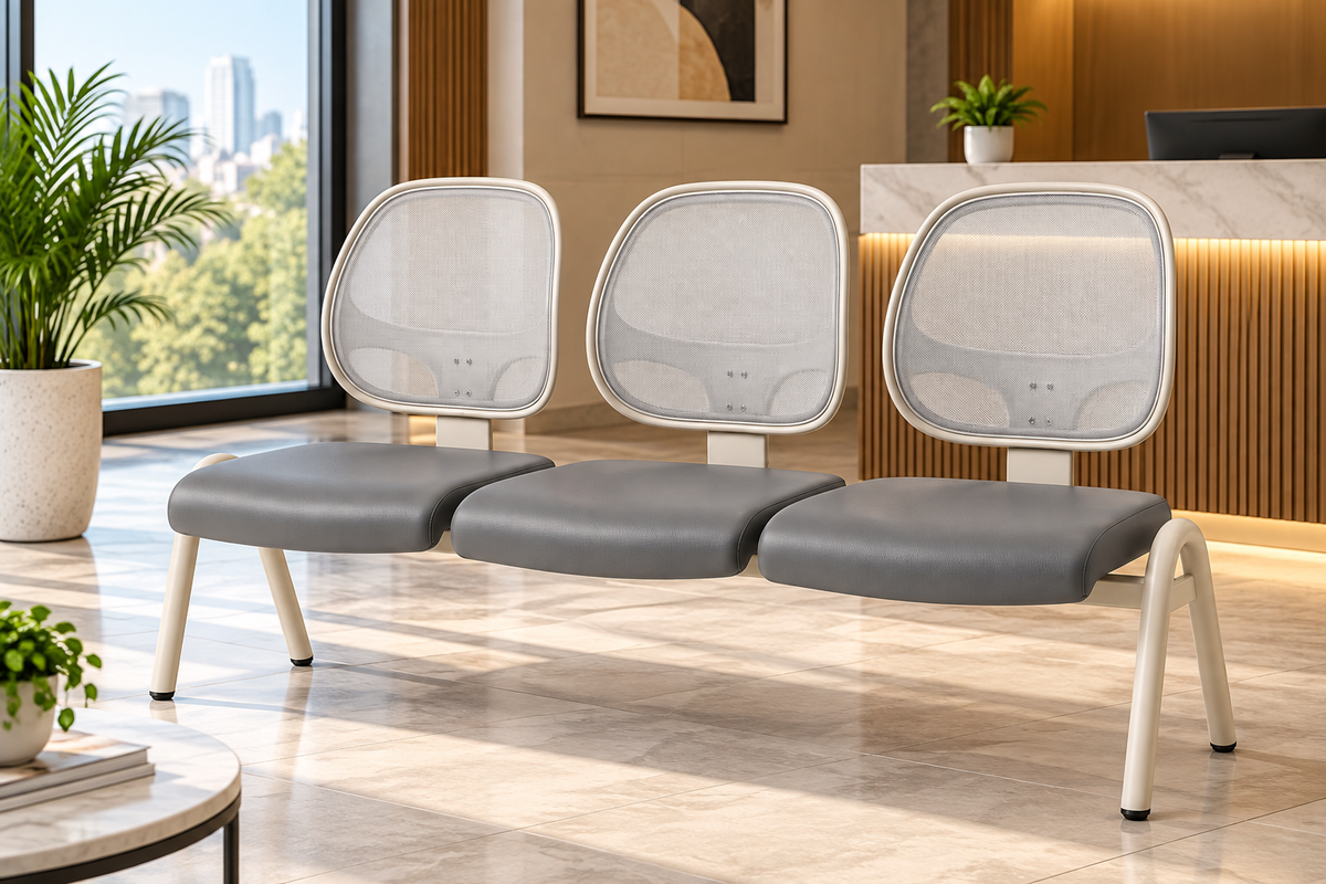 Modern 3-Seater Waiting Room Bench with Mesh Backrests & Padded Seats