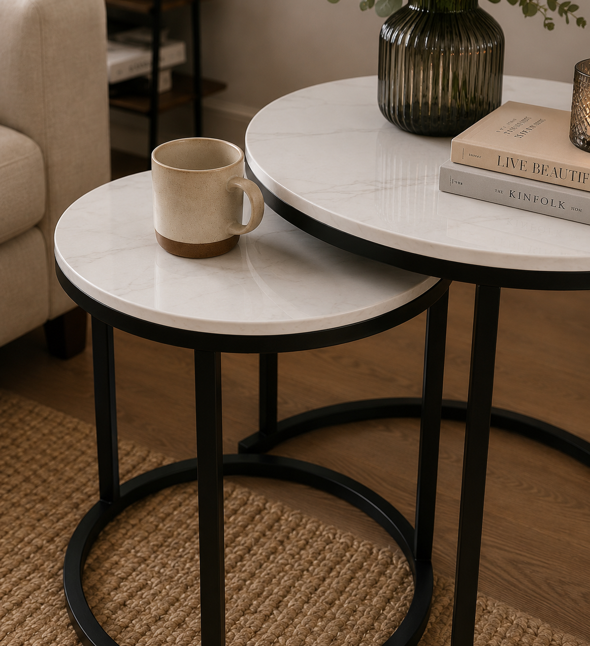 Woodx Round Coffee Table Set of 2, Modern Accent Marble Texture Coffee Tables for Living Room, Nesting Table for Reception Room and Office Room(Black & White)