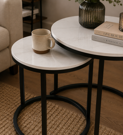 Woodx Round Coffee Table Set of 2, Modern Accent Marble Texture Coffee Tables for Living Room, Nesting Table for Reception Room and Office Room(Black & White)