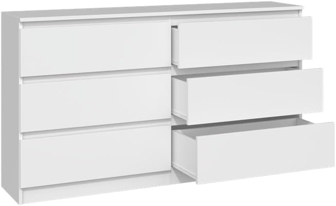 VBChome Chest of Drawers with 6 Drawers, 140 x 40 x 77 cm, White, Handle-Free Drawer Chest of Drawers, Multi-Purpose Cabinet for Hallway, Bedroom, Living Room, Children's Room, Modern White