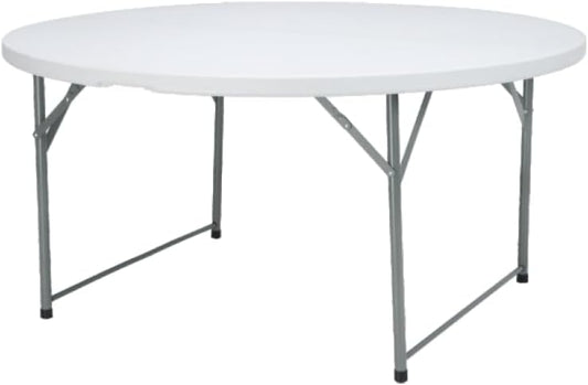Round Folding Table, 150 cm Diameter, White Top with Grey Steel Frame, Portable