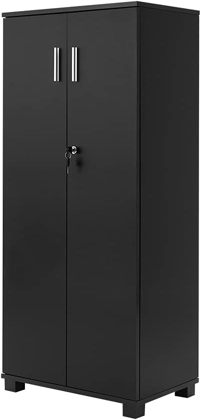 Panana Office Wood Storage Cabinet, 2 Door Engineered Wood Cupboard Tall White Slim Cabinet With Lock Bookcase Filing Cabinet For Family Office (Black1)