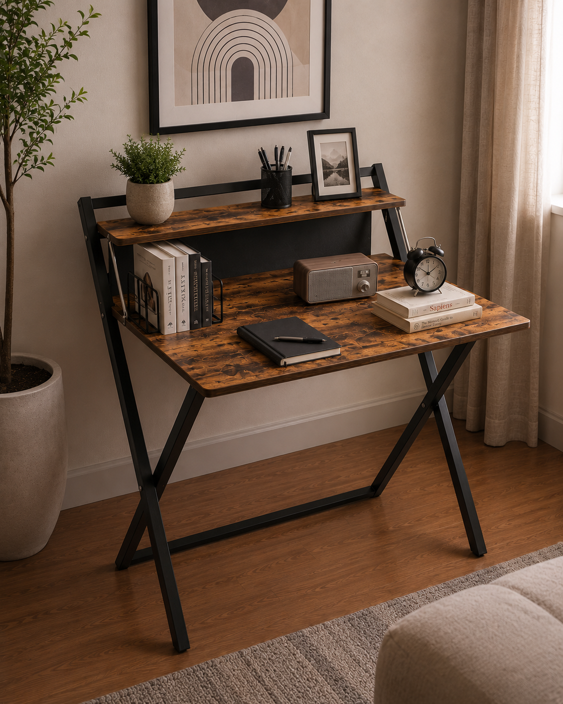 CubiCubi Small Folding Computer Desk 30 Inch with Shelf and Storage Bag, No Assembly Required, Home