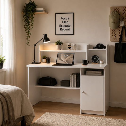 CubiCubi Computer Desk with Storage, 47 Inch Home Office Desk with Hutch and Shelves, Modern Writing Study Desk Work Table with Cabinet, White