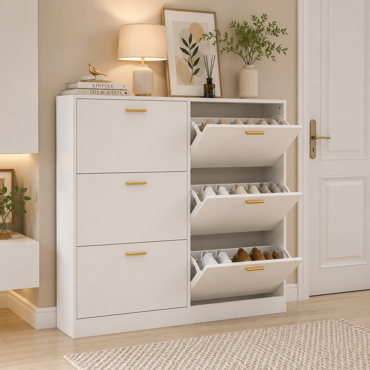Narrow Shoe Storage Cabinet with 3 Flip Drawers