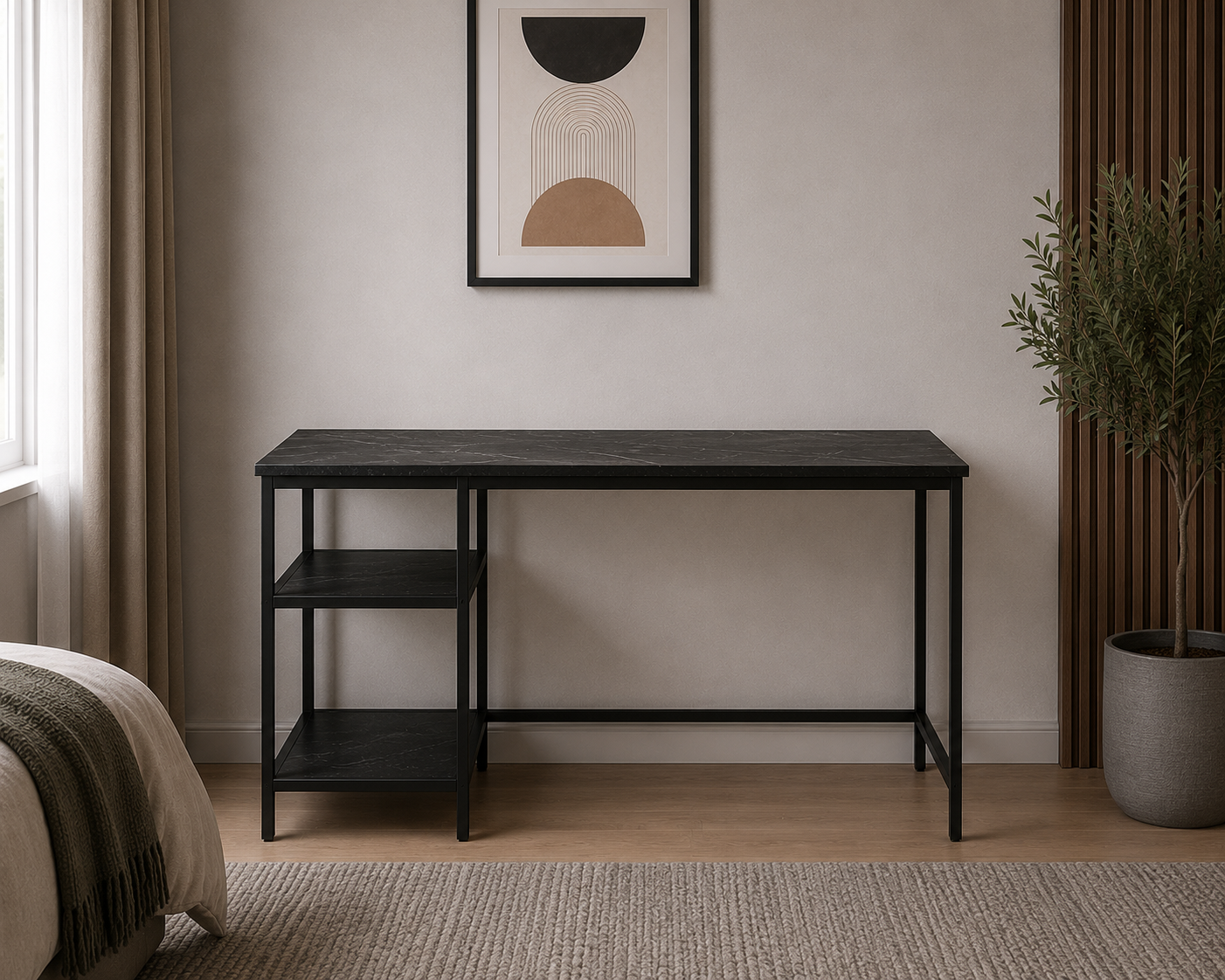 WOHOMO Computer Desk with Shelves Home Office Desk with Bookshelves Black Study Writing Table Modern Simple Style Workstation, Black Marble