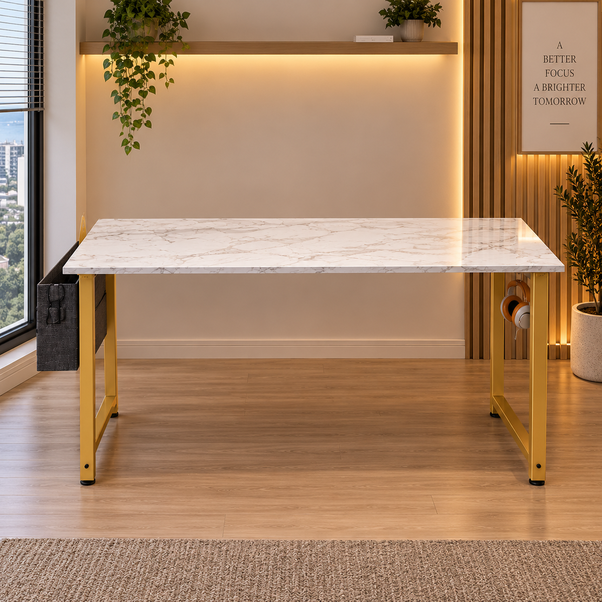 Modern Marble-Top Computer Desk with Storage