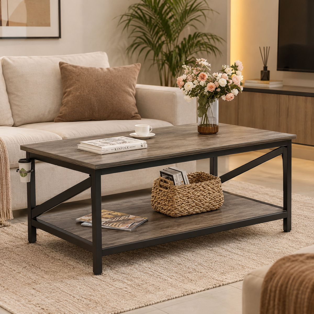 Modern Industrial Coffee Table with Lower Shelf