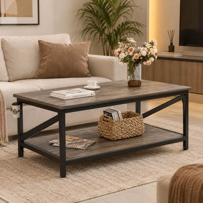 Modern Industrial Coffee Table with Lower Shelf