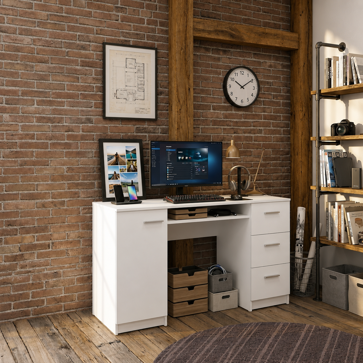 Modern Computer Desk with Storage Cabinet & 3 Drawers – Home Office Writing Desk, White