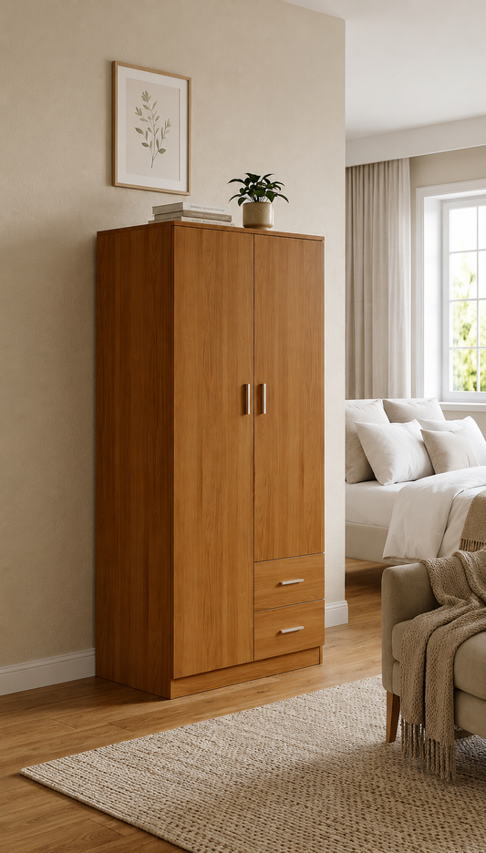 Panana 2 Door 2 Drawer Wardrobe with Shelf and Hanging Rail Wooden Clothes Storage Cupboards Unit for Bedroom Furniture 77 * 50 * 180cm (Oak Effect), Beige