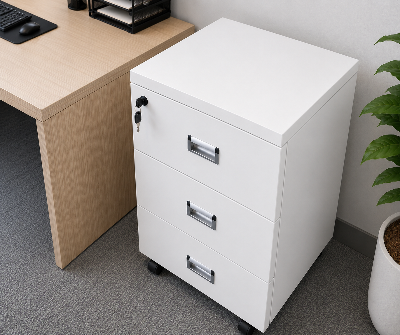 3-Drawer Locking Mobile File Cabinet – Rolling Office Storage Cabinet with Wheels, White