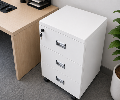 3-Drawer Locking Mobile File Cabinet – Rolling Office Storage Cabinet with Wheels, White