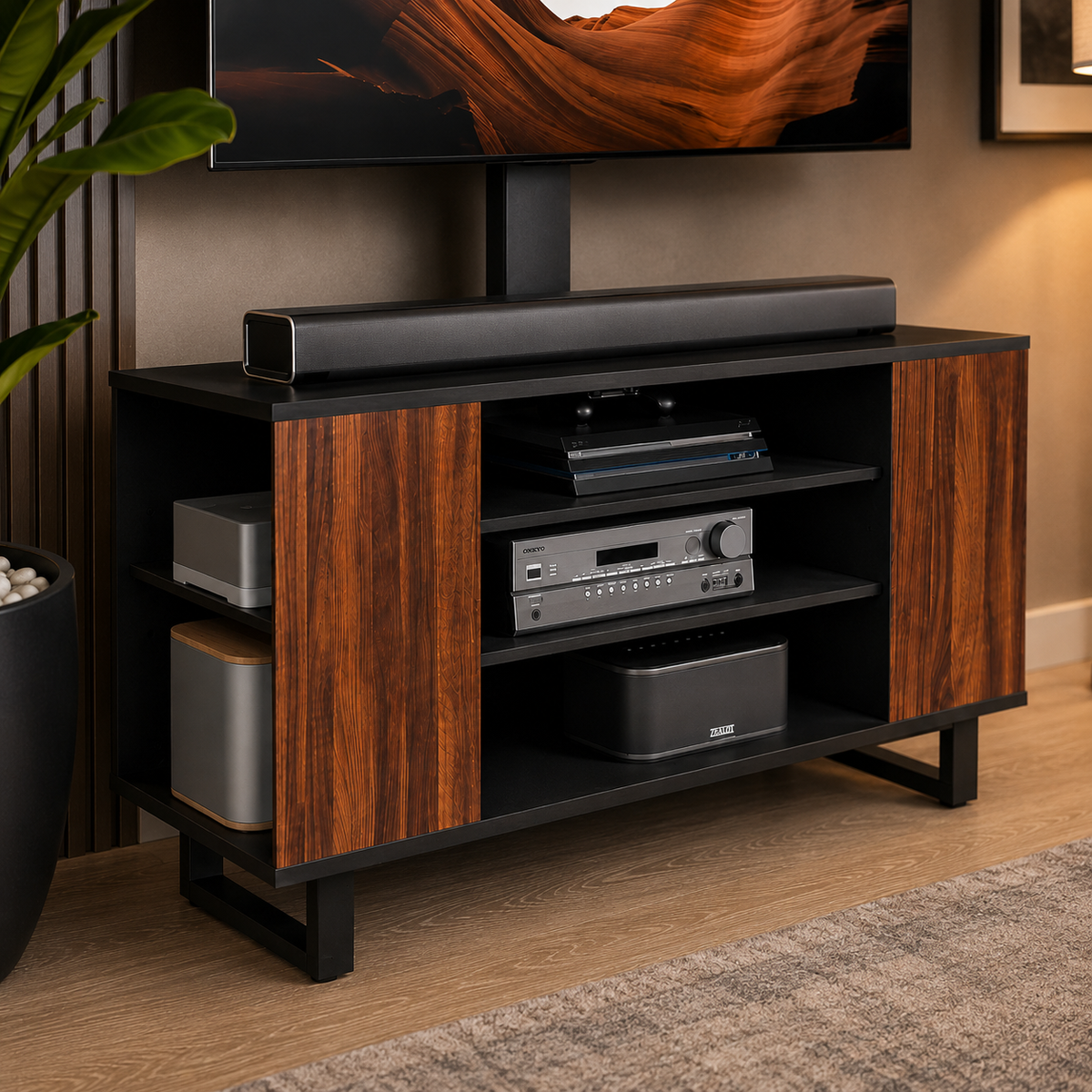 Modern Mid-Century TV Stand with Sliding Doors