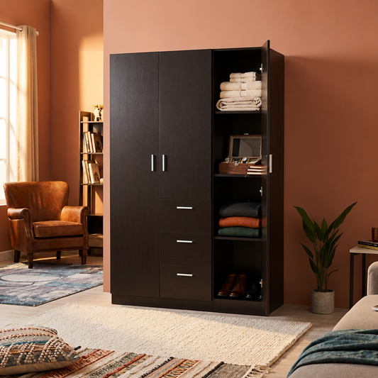 Modern 3 Doors Wardrobes with 3 Drawers and Hanging Rail Large Triple Clothes Storage Closet for Home Bedroom Units (Black)