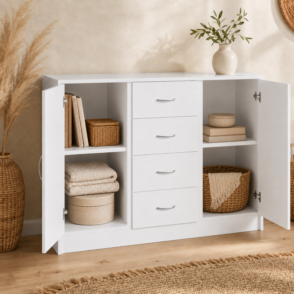 Drawers Sideboard Storage Cabinet with 2 Doors, White